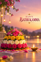 Obraz na płótnie Canvas Traditional three-tiered bathukamma floral arrangement with lit lamp for telangana festival celebration