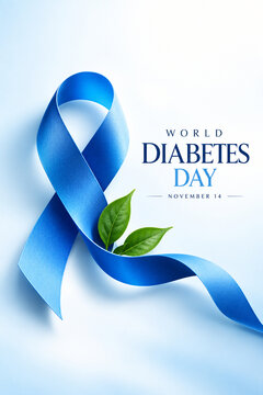 Blue ribbon for world diabetes day awareness with green leaves on a clean white background