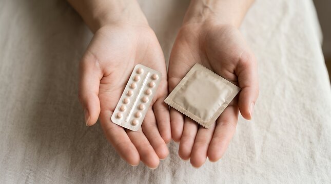 Hands holding birth control pills and a condom, essential contraception methods for safe sex and family planning, reproductive health awareness, sexual wellness choices.