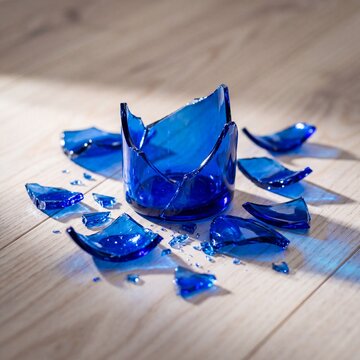 Shattered Blue Glass Shards on Wooden Floor.