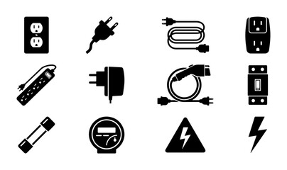 Fototapeta premium Electrical Power Icons Set, Energy Symbols, Plug and Socket Vector Graphics