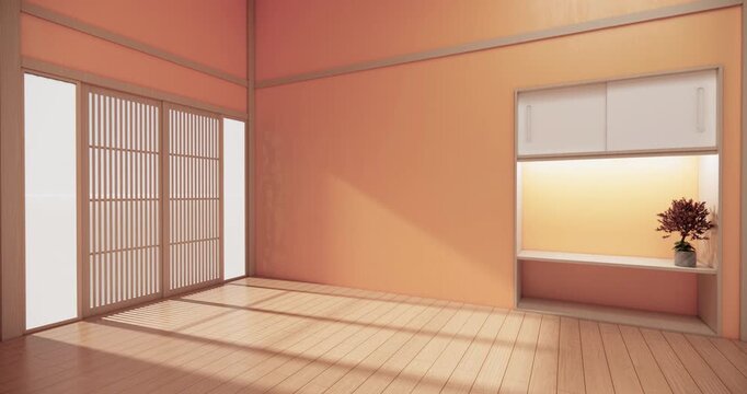 Autumn concept on Japanese room with white wall with maple wood wall design Evokes a sense of warmth, fall background. 3d rendering