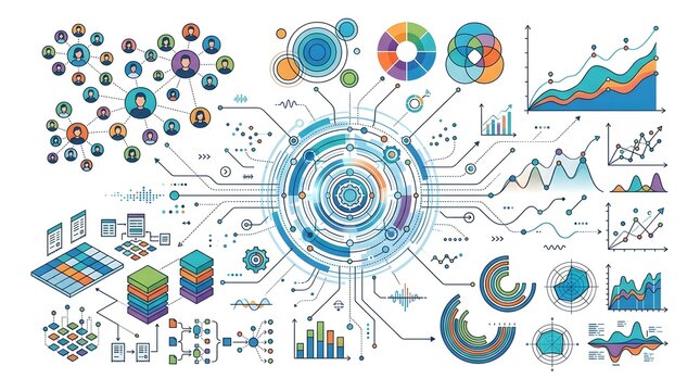 Colorful infographic illustrating data analytics and business