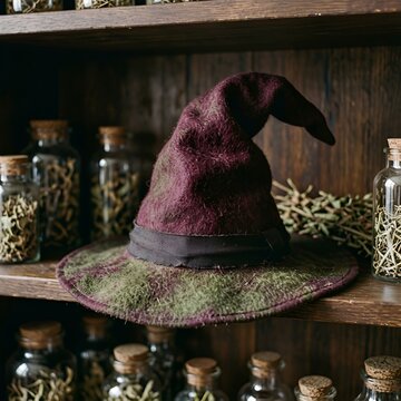 Witch hat displayed on a wooden shelf with jars of herbs  