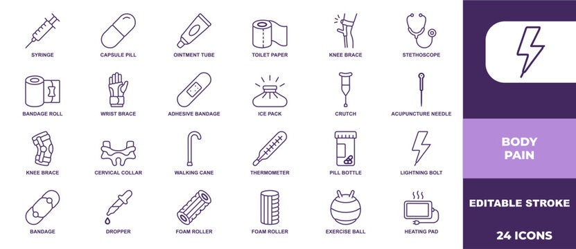 Detailed body pain and medical care icon set showing physical rehabilitation tools and professional injury treatment equipment