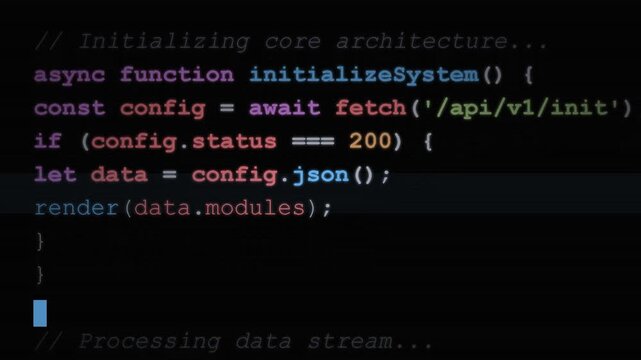 Javascript source code lines scrolling on dark display, programming logic, system initialization, software development process, tech background