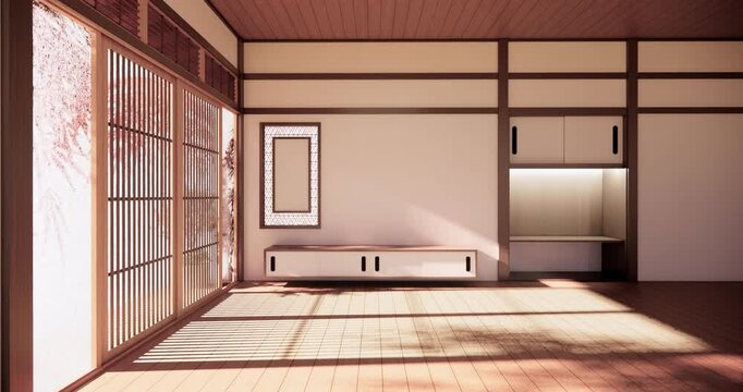 Autumn concept on Japanese room with white wall with maple wood wall design Evokes a sense of warmth, fall background. 3d rendering