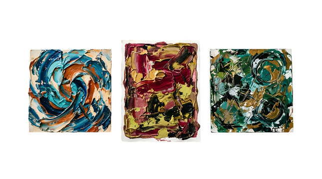Three abstract expressionist paintings with bold colors and impasto texture
