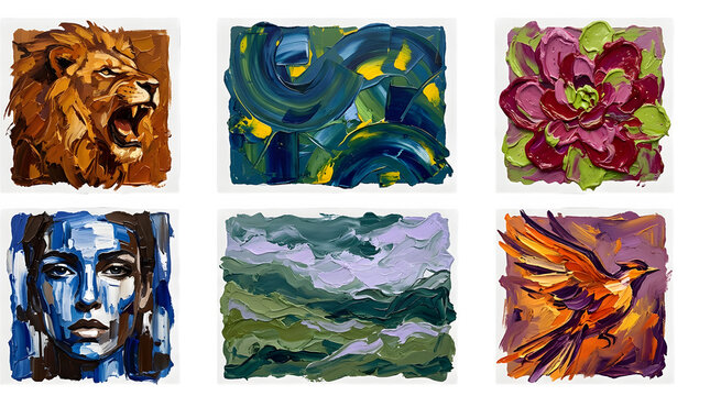 Collection of six vibrant abstract paintings in square white frames