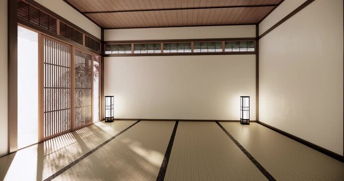 Autumn, Japanese style window and Japanese room with tatami mats on the floor and cabinet decor.3D rendering