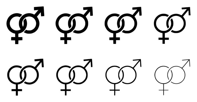 Set of eight pairs of male and female gender symbols arran set with simple line art design featuring line art, illustrations, graphic resources with vector and design elements