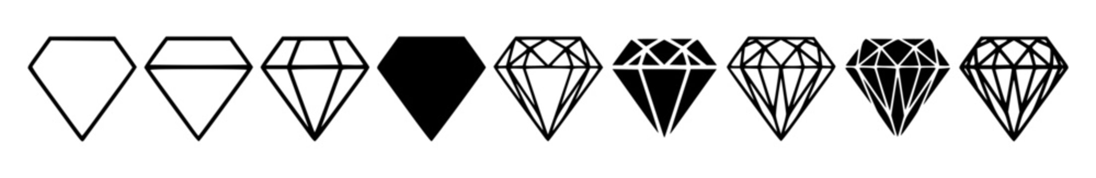 Horizontal row of diverse diamond icon variations ranging set with simple line art design featuring outline, illustration, graphic elements with clean design and vector art