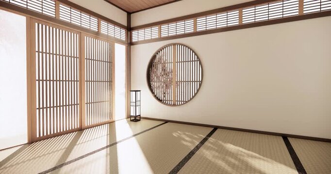 Autumn, Japanese style circular window and Japanese room with the tatami floor.3D rendering