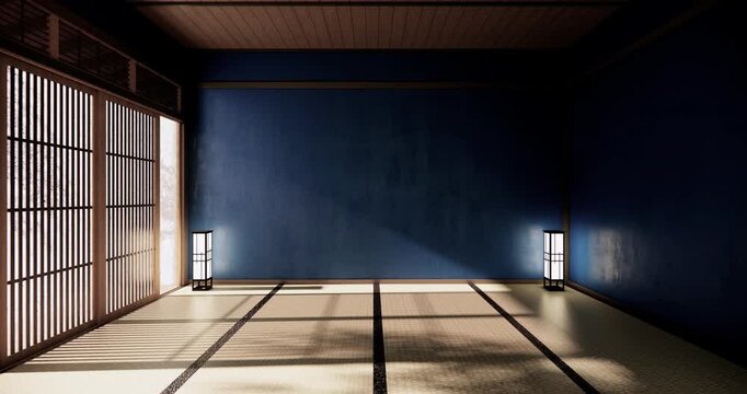 Autumn, Blue mint Japanese room with tatami mats on the floor and decor.3D rendering