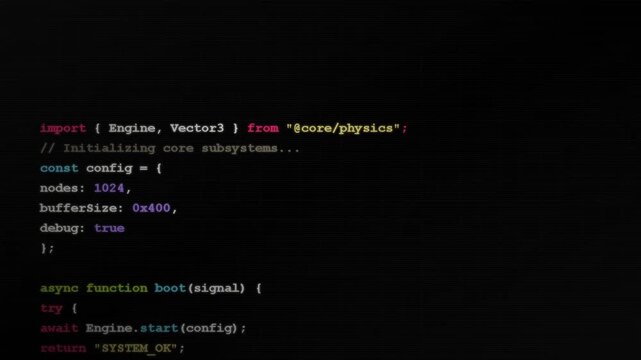 Computer screen displaying programming code script, software development process, terminal interface with syntax highlighting, technical background