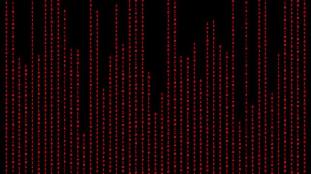 Red digital glitch matrix code falling down vertical lines, abstract data stream, binary computer programming background, cyber technology