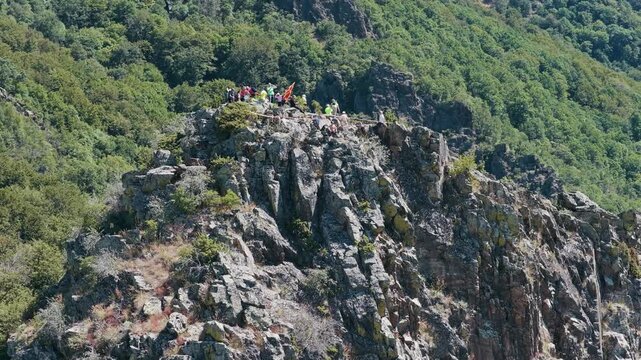 Hikers Celebrate Success on Ratkova Skala Summit in Macedonia Aerial View