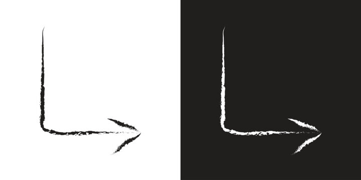 Hand drawn corner arrow pointing right with black and white textured chalk style direction pointing indicator contrast scribble navigation illustrative artistic isolated creative movement