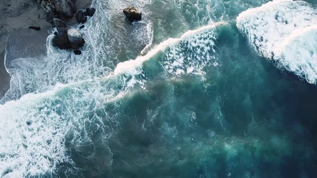 Aerial view of ocean waves crashing against rocky shore