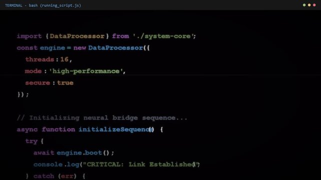 Javascript programming code typing in dark terminal window, software development, web engineering, system architecture, data processing, backend coding