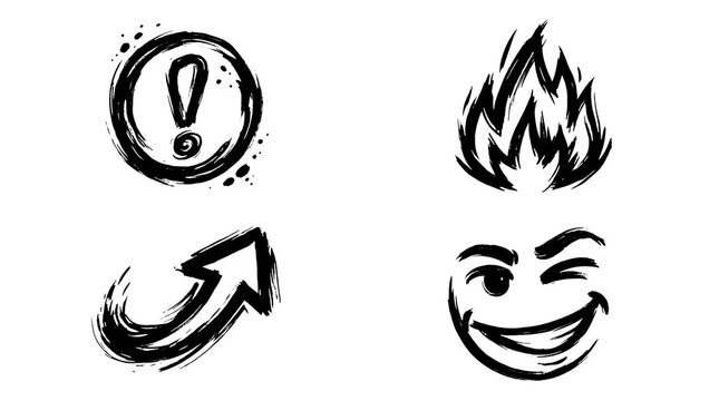 Hand drawn icons set featuring warning fire arrow and happy face