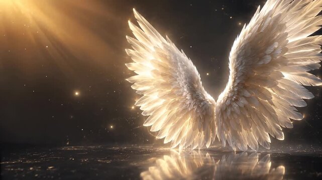 Glowing angel wings illuminated by heavenly light with copy space, spirituality, hope