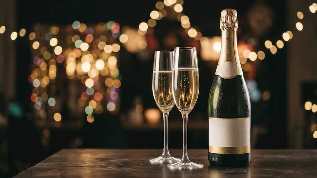 Champagne bottle and two flutes filled with bubbly drink on a wooden table with bokeh lights background
