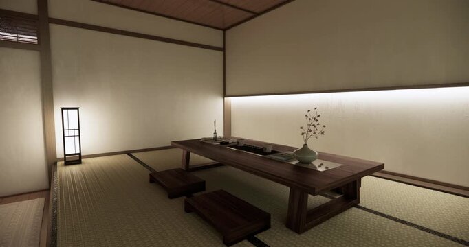 Low table Japanese-style living room evokes the feeling of spring with sunlight streaming into the space.3D rendering