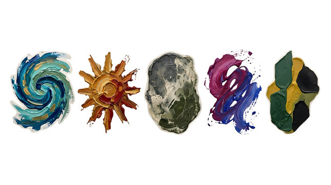 Five elemental stones representing water fire earth air and spirit energy