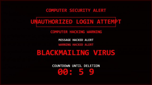 Digital computer security alert screen showing unauthorized login attempt and blackmailing virus, cyberattack warning, system breach threat, red text
