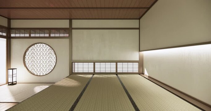 Autumn, Japanese style circular window and Japanese room with the tatami floor.3D rendering