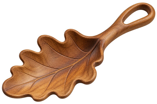 Carved wooden leaf shaped scoop with open handle