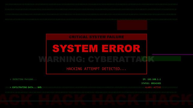 Digital system error alert with red cyberattack warning message and glitching data interface display for technology security issues