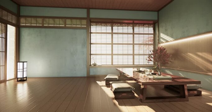 blue room Autumn concept on Living room Japanese style with white wall with floor tatami mat  and table low japan Evokes a sense of warmth, fall background. 3d rendering