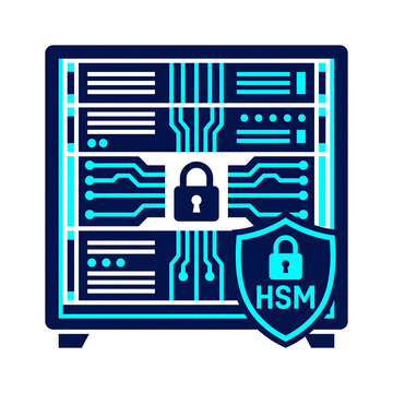 A graphic illustration of a secure computer server with HSM on transparent background