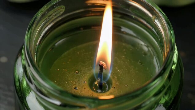 Intimate 4K Ultra HD vertical video capturing a single steady candle flame burning inside an ornate emerald green glass jar generating a warm peaceful glow for relaxation media