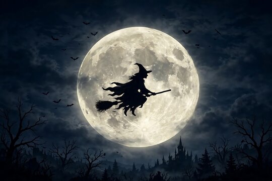 Witch silhouette flying on broomstick across full moon