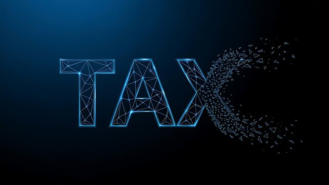 Digital tax concept graphic with glowing polygonal wireframe text dissolving into particles on a dark blue background