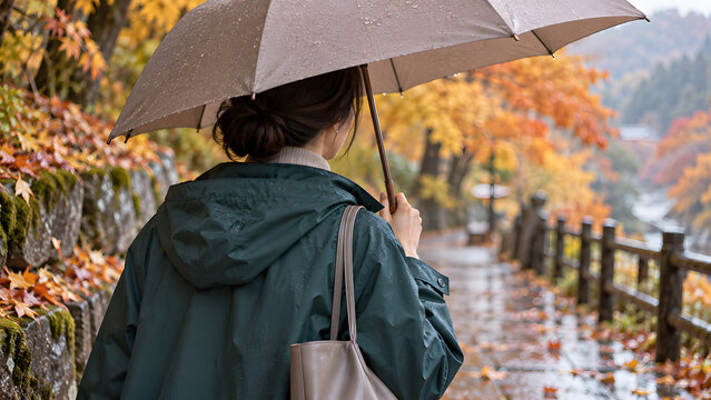 Woman in a dark green raincoat walks away under a taupe umbrella along a wet autumn street, with orange foliage, stone walls, reflections, and distant hills softened by rainy weather.