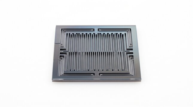 MEMS electrostatic comb drive actuator showing interdigitated silicon fingers. Micro-machined deep reactive-ion etched trenches for micro-robotics hardware isolated on white.