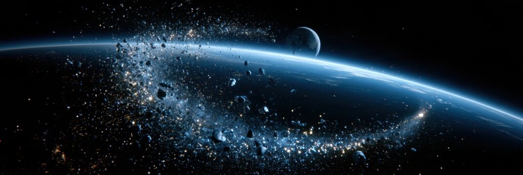 Material from an asteroid belt is shown flowing through space for processing on the Moon and delivery to Earth, highlighting interplanetary trade.
