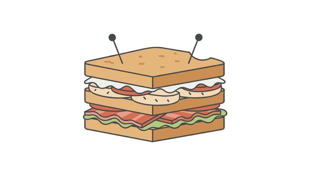 Tasty club sandwich layered with bacon, lettuce, tomato, cheese, and chicken is secured with toothpick skewers.