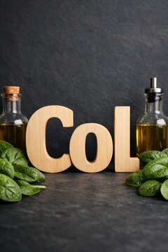 Wooden letters col with olive oil bottles and fresh spinach leaves on dark slate background for healthy food banner and kitchen poster design