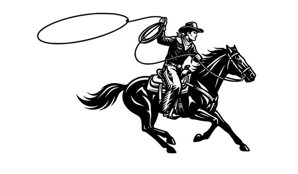 Galloping cowboy with lasso on horseback retro western Americana silhouette vector
