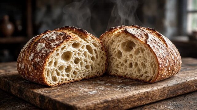 Steam rising from a cut rustic bread loaf on a wooden board