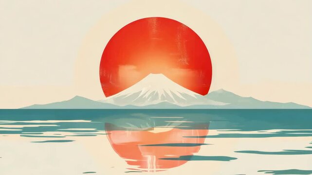 Minimal illustration of a snow capped mountain with a red sun and calm water reflection, Japanese landscape, zen travel poster.