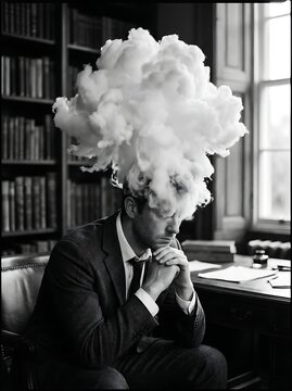 Professional man deep in thought with cloud bursting from head in