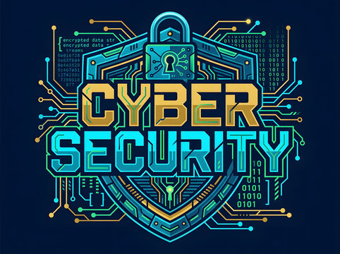 Cyber security shield with circuit board design on dark blue background