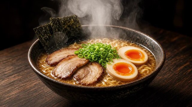 Steam rising from a ramen bowl with eggs and green garnish