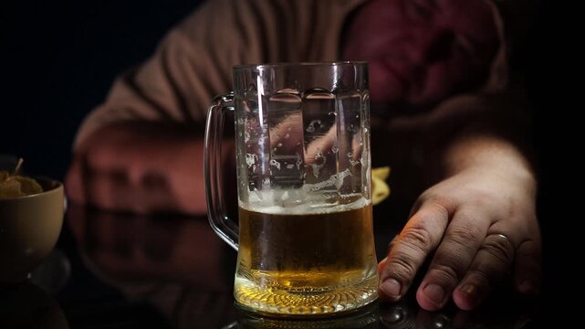 А man reaches for a mug of beer. Glass mug of light beer on a table with a blurred man reaching for the drink in a pub